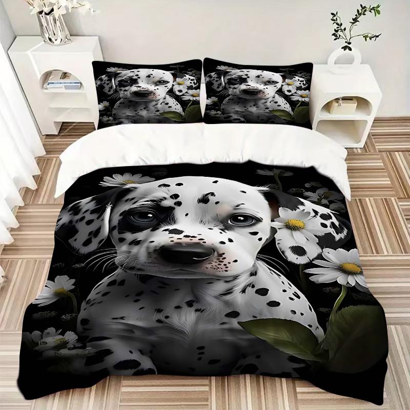 3pcs Dalmatian Puppy with Daisies Comforter Set, Includes One Quilt Cover and Two Pillowcases (No Core), Anime Cartoon, Bedroom and Guest Room