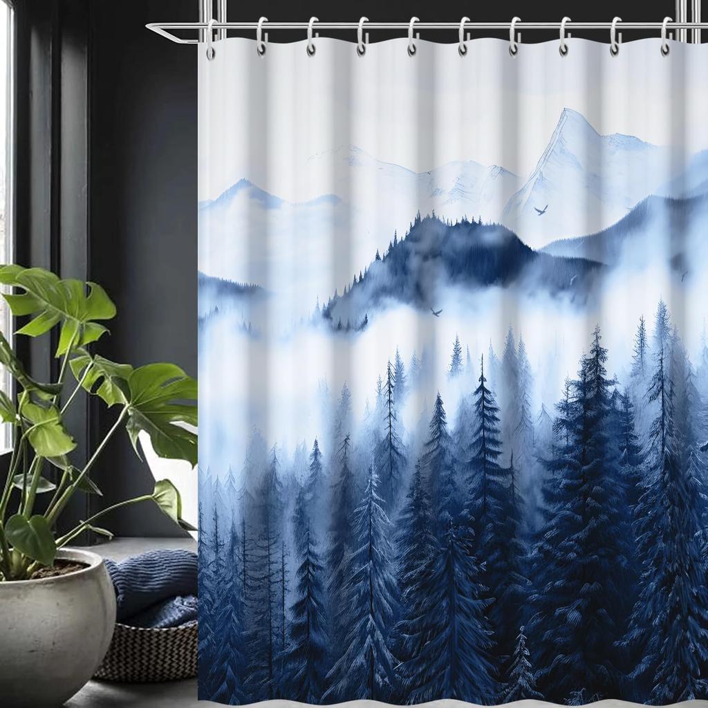 Mountain Shower Curtain, Navy Blue Misty Forest Shower Curtain Set Waterproof Nature Scenery Bathroom Decor with Hooks, 72x72 Inch