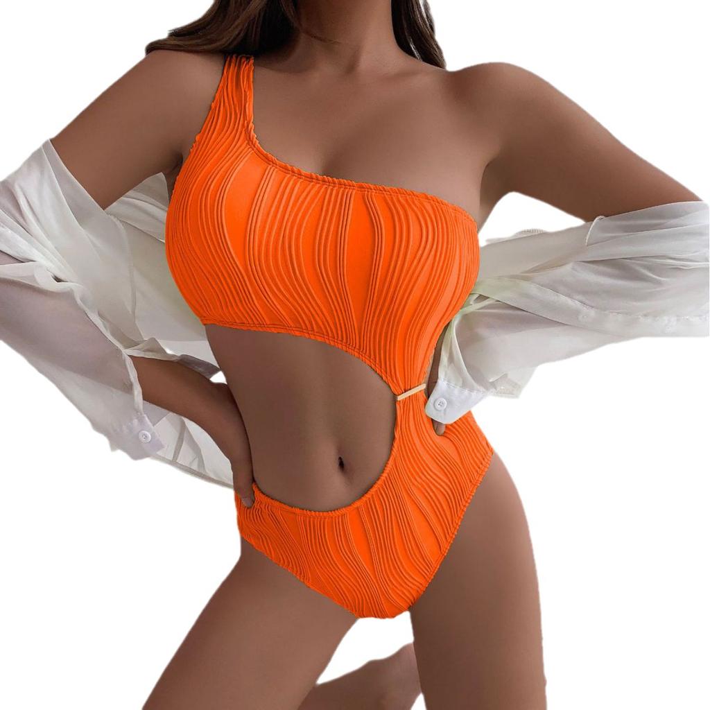 European and American Style Women Sexy Cut Out Bikini One Shoulder Swimwear High Cut Monokini Swimsuit One Piece Solid Color Bathing Suit