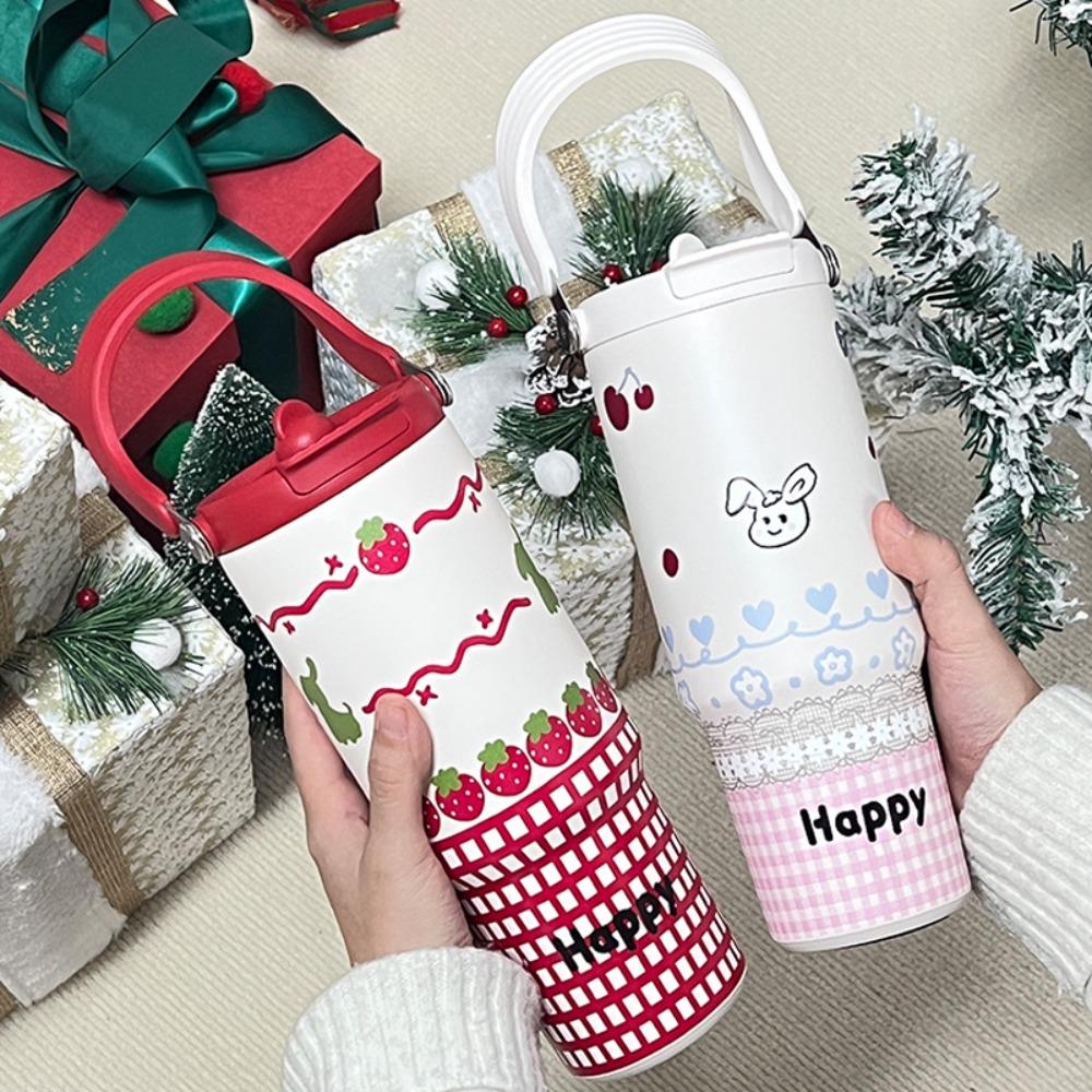 

900ml Insulated Cup Insulation Or Cooling Cartoon Thermal Mug Vacuum Flask for Student Children Strawberry