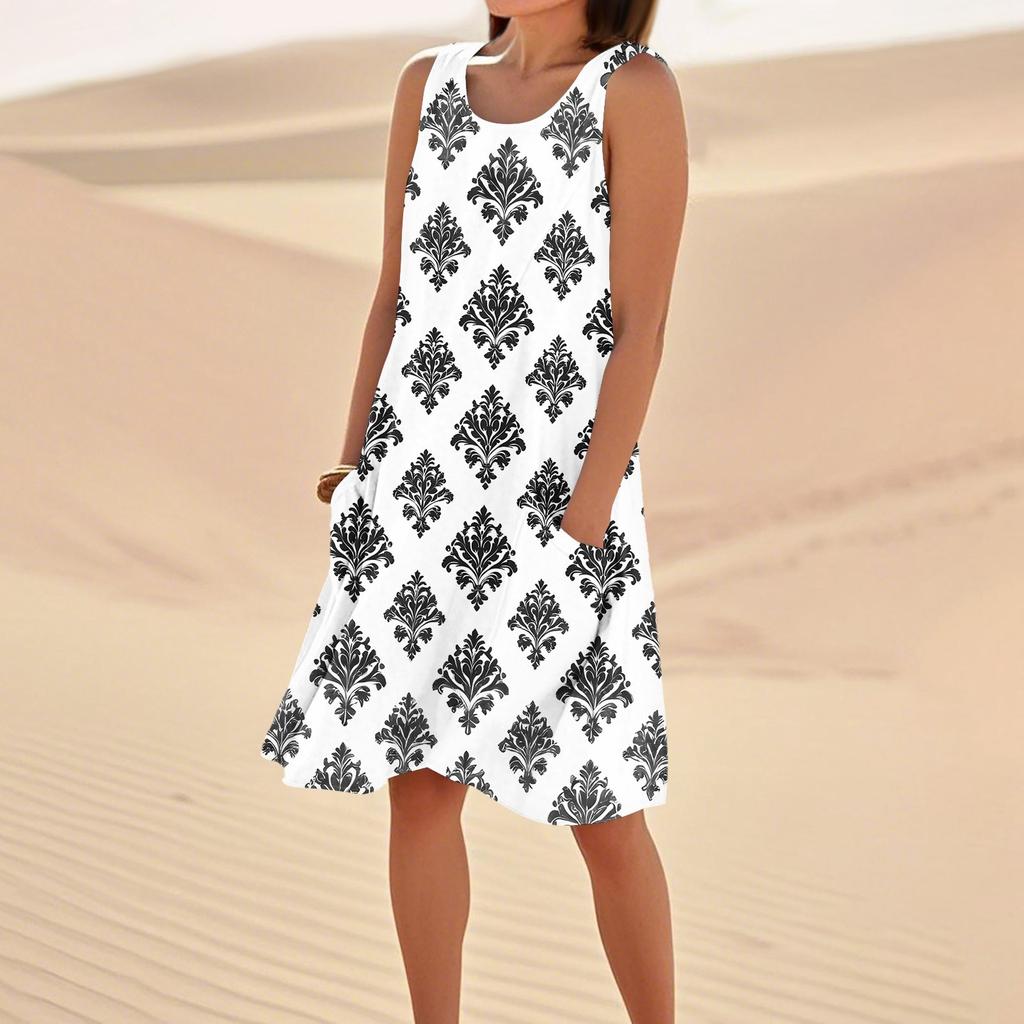 Print Dresses For Women Loose Beach Vacation Casual Sleeveless Sundresses With Pockets Tank Dress