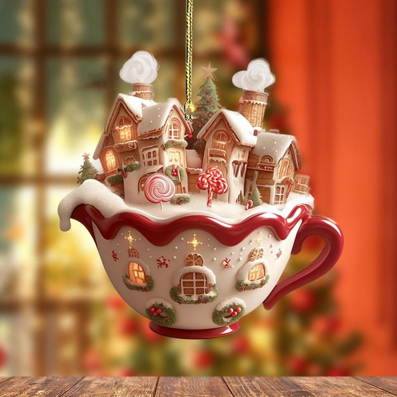 Acrylic Coffee Cup Ornament 2D Art Keychain Pendant Christmas Snow House Pendant Decoration Christmas Tree Pendant Decoration