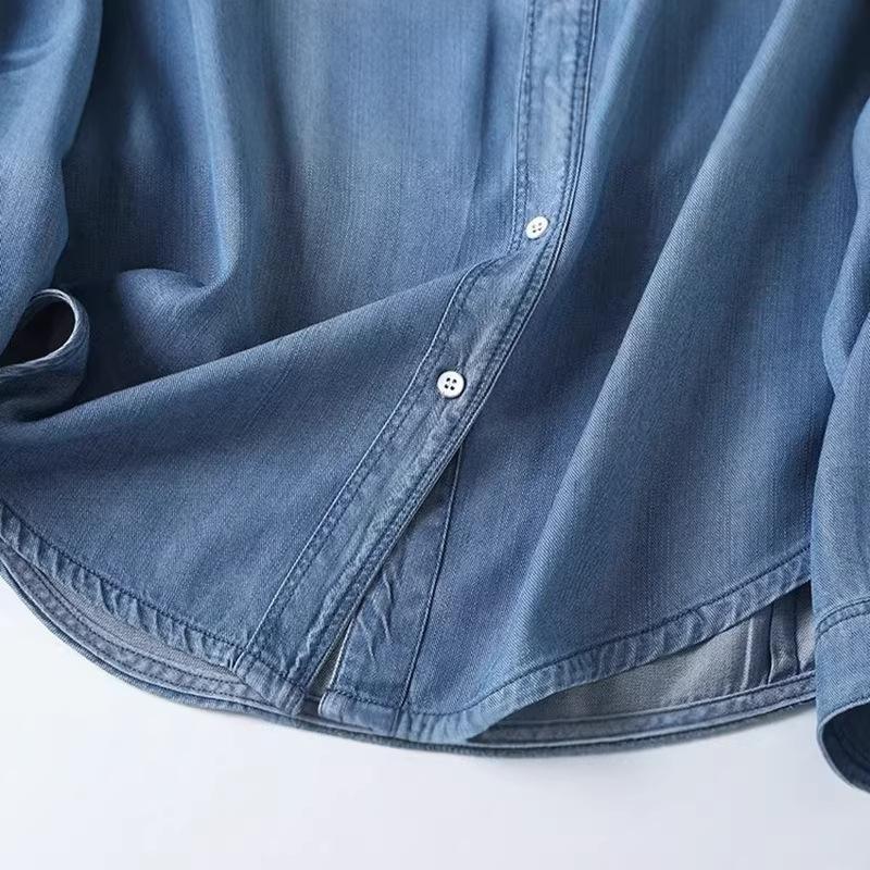 2026 Spring and Autumn Slim-Fit Tencel Denim Shirt for Women, Long Sleeve, Draped, Versatile Casual Blouse