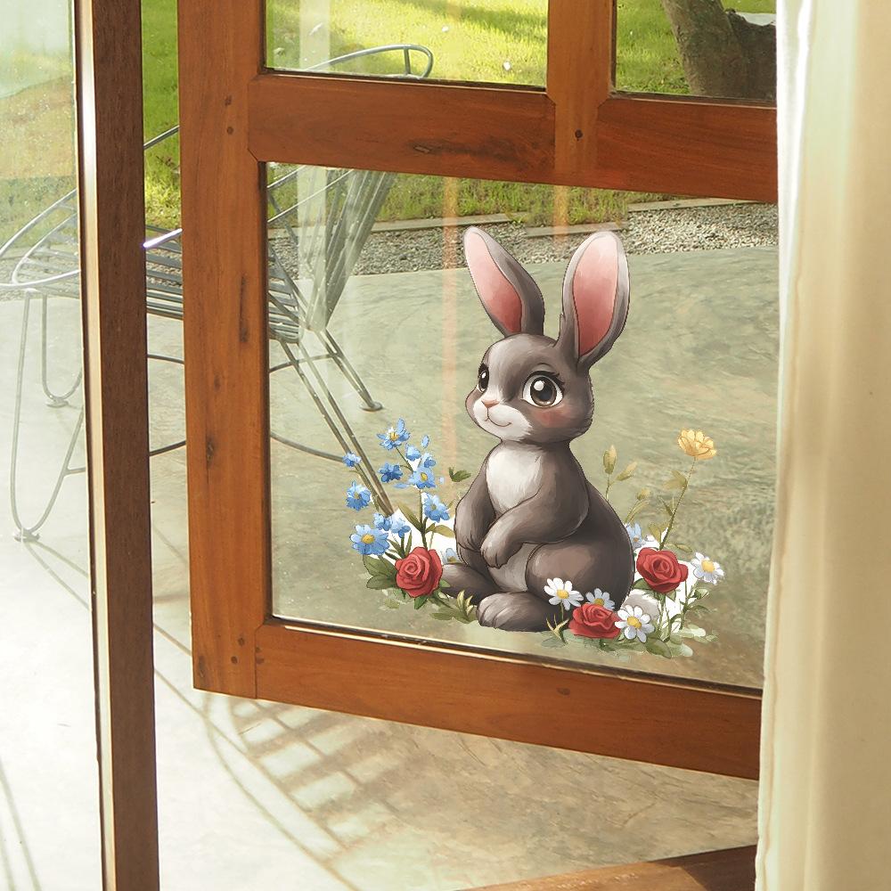 Adesivo de Parede Coelho Fofo Campo de Flores Autoadesivo Removível Quarto Sala de Estar Corredor Dormitório Decoração de Casa Arte