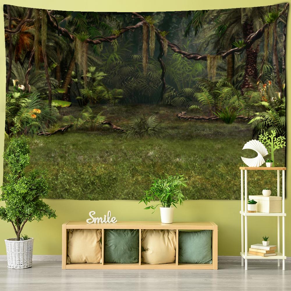 Tropical Green Forest Landscape Tapestry Wall Hanging Psychedelic Witchcraft Mysterious Natural Scenery Aesthetic Room Decor