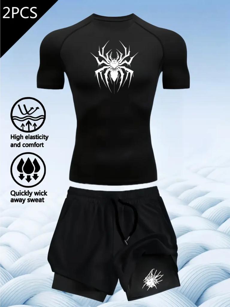 2D printed T-shirt men's summer two-piece sportswear running T-shirt elastic quick-drying sports top sports fitness shirt men's
