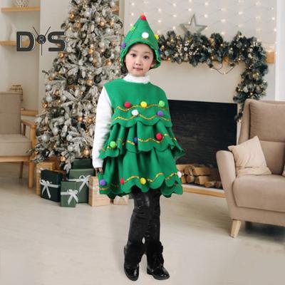 2 Stuks/Set Kerstkostuum met Hoed Multi Pluche Bal Hanger Decor Verspreide Taart Zoom Mouwloos Ronde Hals A-lijn Kerstboom Cosplay