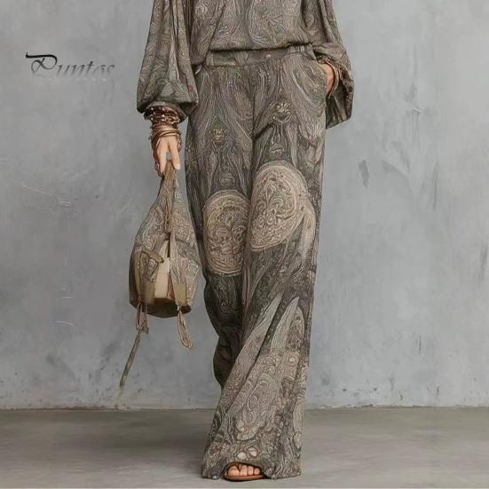 Atmungsaktive Stoffkleidung Boho-Print 2-teilige Sets für Damen, Lässiges Langarm-Oberteil Figurschmeichelndes Outfit für Birnenform, Weite Hosen Passende Sets, Sommer