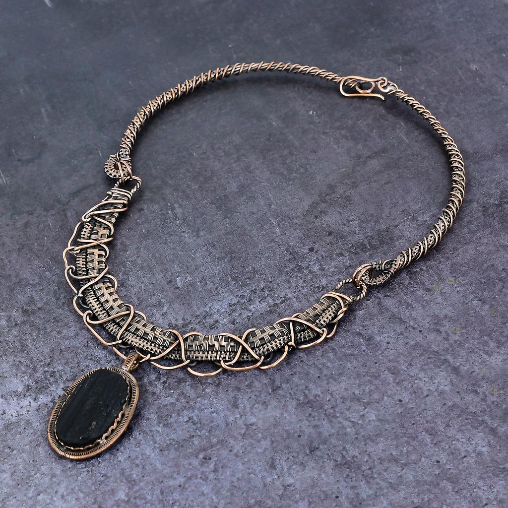 Black Tourmaline Handmade Copper Wire Wrap Jewelry Necklace 18" Z5v10