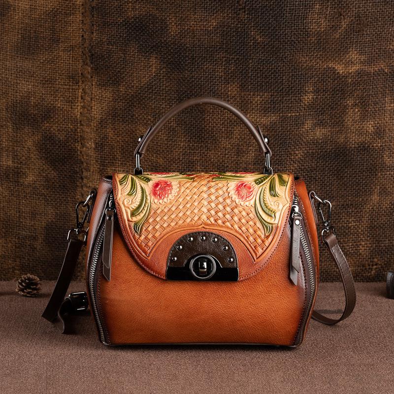 Johnature Retro preget førstelags kuskinn Dameveske Håndlaget Floral Hasp Handbag Fritid Skulder Messenger Bags