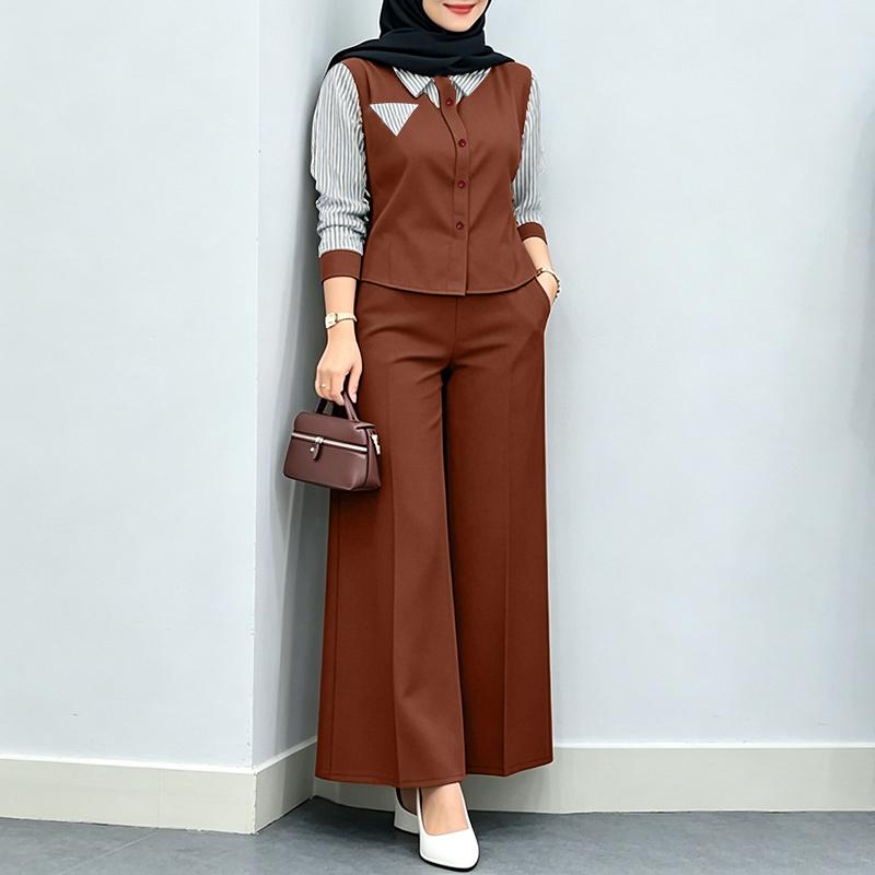 ZANZEA Women Stripe Splice Long Sleeve Blouse And Long Pants Casual Two Piece Suit Sets