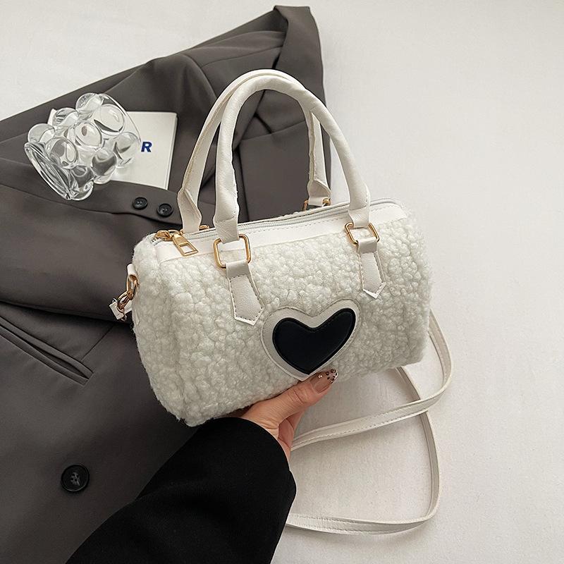 Winter Faux Lamb Wool Women's Top-handle Bags Fashi Ladies Shoulder Crossbody Bag Small Barrel-shaped Handbag Female Purse