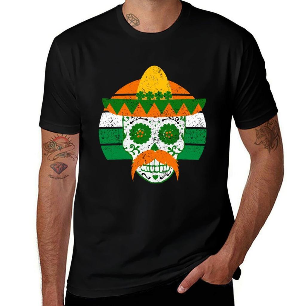 Sugar Skull St Patricks Day Irish Mexican Distressed Vintage Sunset TShirt man t shirt luxury cotton t shirts man 100 TShirt