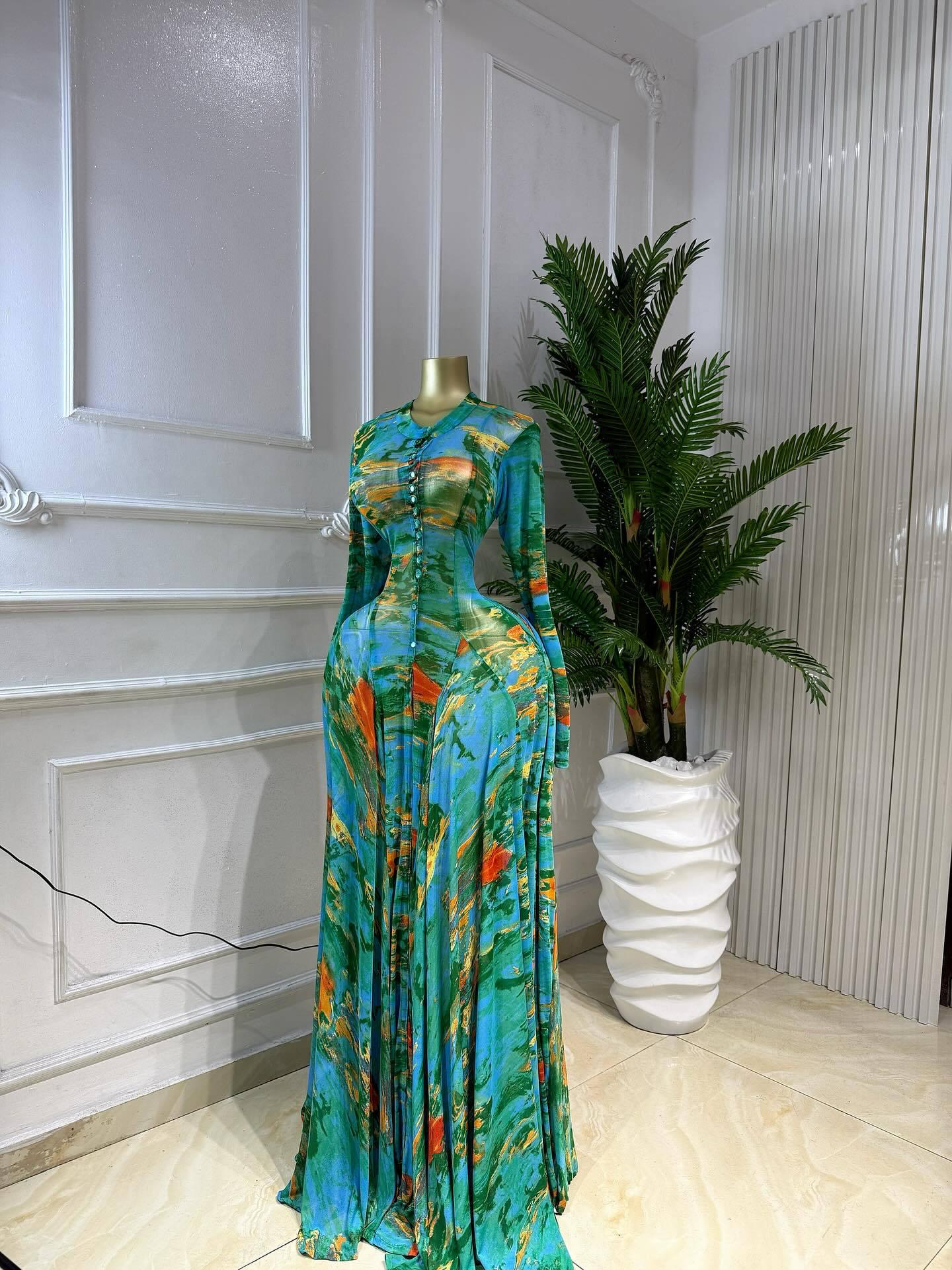 

2026 African Style Women s Print Long Dress - Round Neck, Long Sleeve, Waist-Cinching, European American Fashion XXL зелёный
