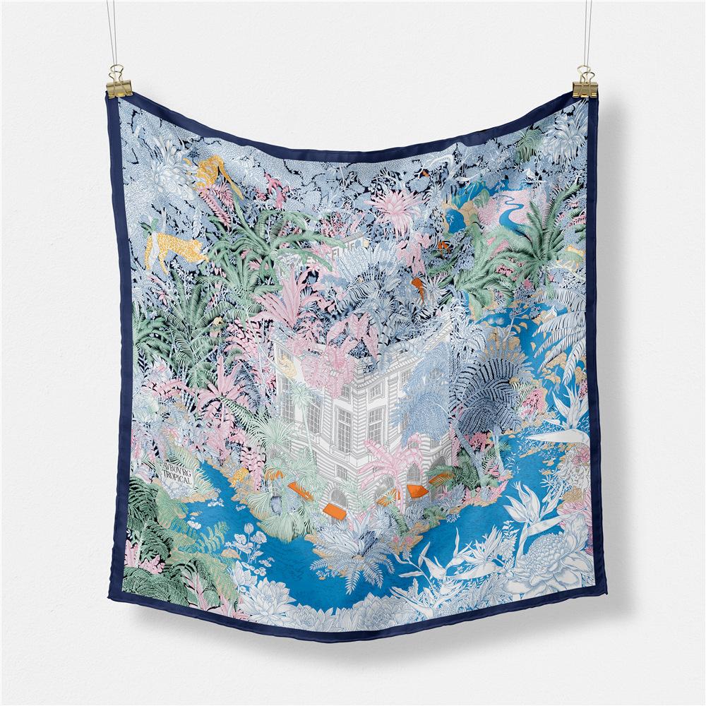 

53cm Luxury Women Scarf 2024 Design Jungle Castle Brand Silk Scarf Fashion Square Hair Scarf Hijab Neckerchief For Ladies