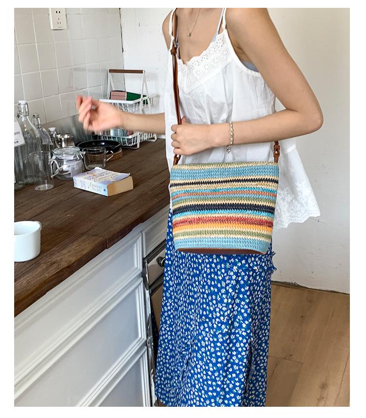 Autumn & Winter 2025 Rainbow Striped Straw Braided Shoulder Bag - Minimalist Women's Beach Bucket Bag