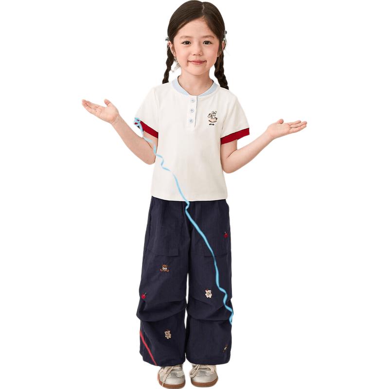 LUSON Girls' Summer Henry Collar Color-block Short Sleeve T-shirt