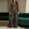 Completi da Donna a Due Pezzi con Top Corto a Manica Lunga e Pantaloni a Gamba Larga Stampa Leopardo