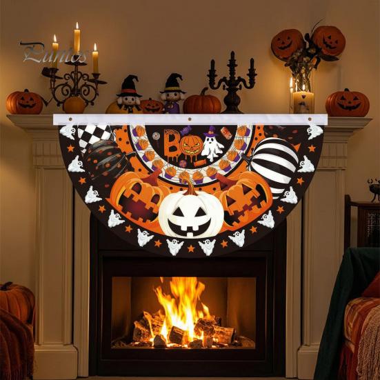 Large Halloween Yard Backdrop Semi Circle Bunting Banner, Pumpkin Bat Porch Decor, Haunted House Party Decor Spooky Festive Hanging Flag for