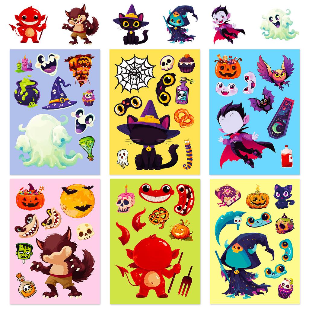 6 Photos/package Halloween Face Change Stickers Cartoon Doodle Black Cat Vampire DIY Puzzle Creative Puzzle Stickers