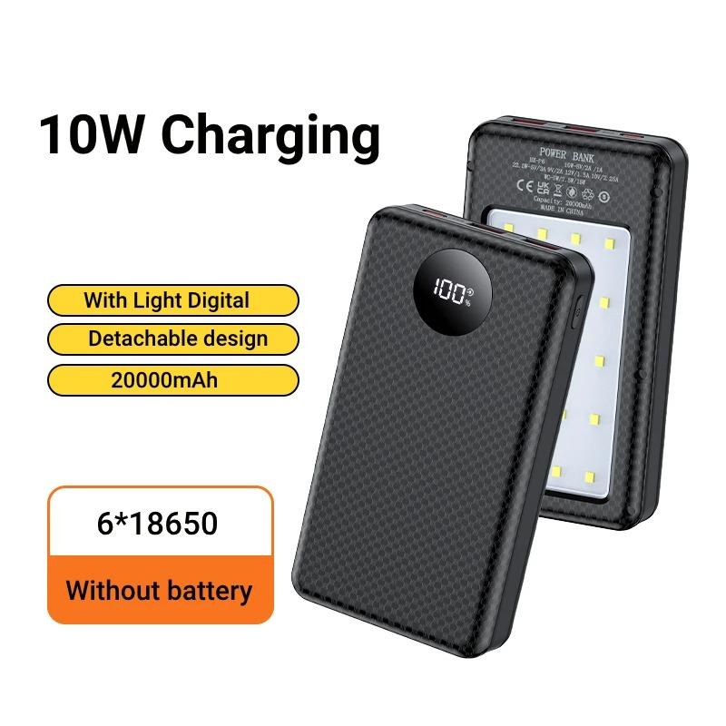 6*18650 Power Bank Bateriový Box Duální USB Typ C Nabíjecí Skořepina s kempingovými světly 20000mAh Externí Pouzdro Power Banky Úložný Box na Nabíjení Baterií