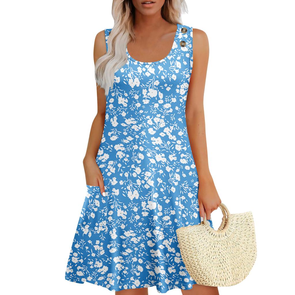 Summer Dresses For Women Beach Boho Sleeveless Printing Flowy Pocket Tshirt Tank Sundresses