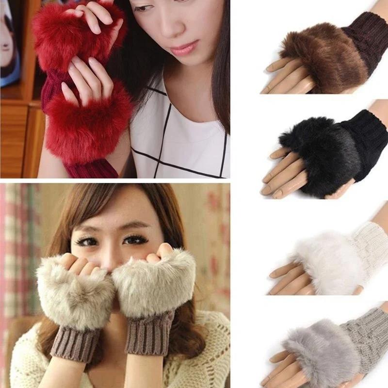 1Pair Fashion Cute Faux Rabbit Fur Hand Winter Warmer Knitted Fingerless Gloves