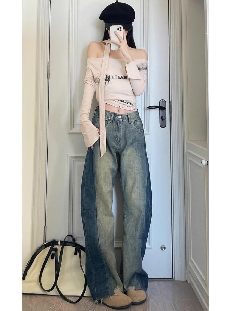 

Женские джинсы с низкой посадкой, широкими штанинами, в стиле пэчворк с цветовыми блоками - Spicy Girl, Осень 2025 S синий