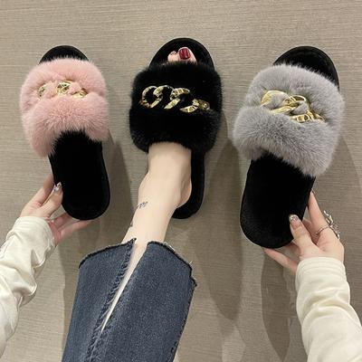Nouvelles pantoufles à chaîne en métal d'automne et d'hiver pour femmes, à la mode et chaudes, pantoufles à talon plat en fourrure épaisse