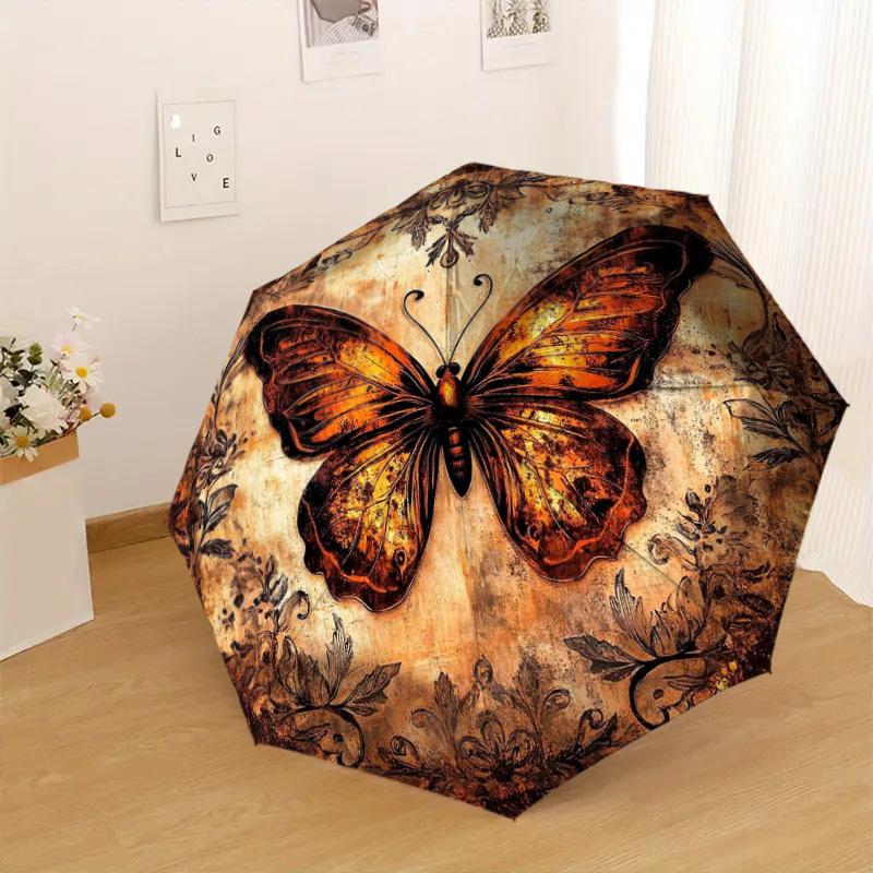 1pc Umbrella Featuring a Butterfly And Floral Design - Perfect for Home, Travel, And Outdoor Use. This Compact, Three-Fold Umb