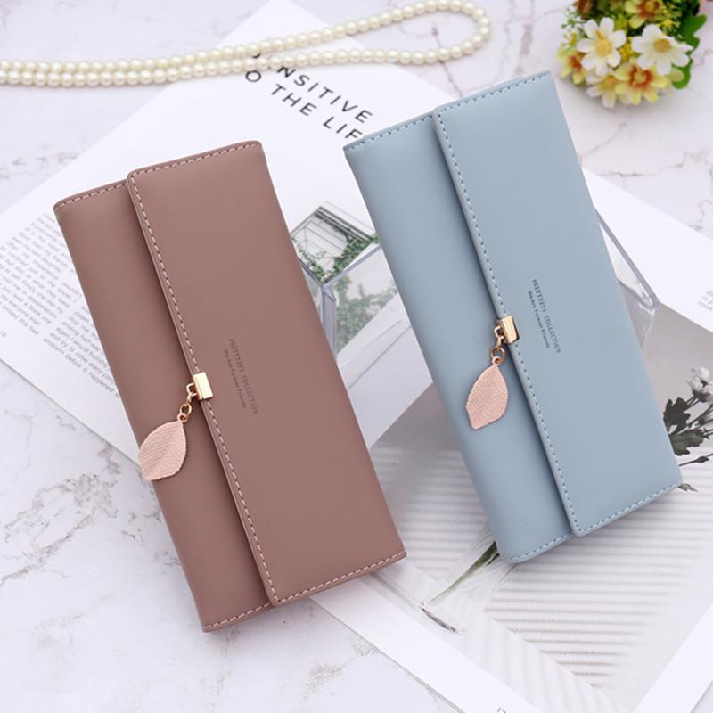 Women Long Wallet Korean PU Leather Leaf Pendant Tri-fold Bag Multi Function Clutch Large Capacity