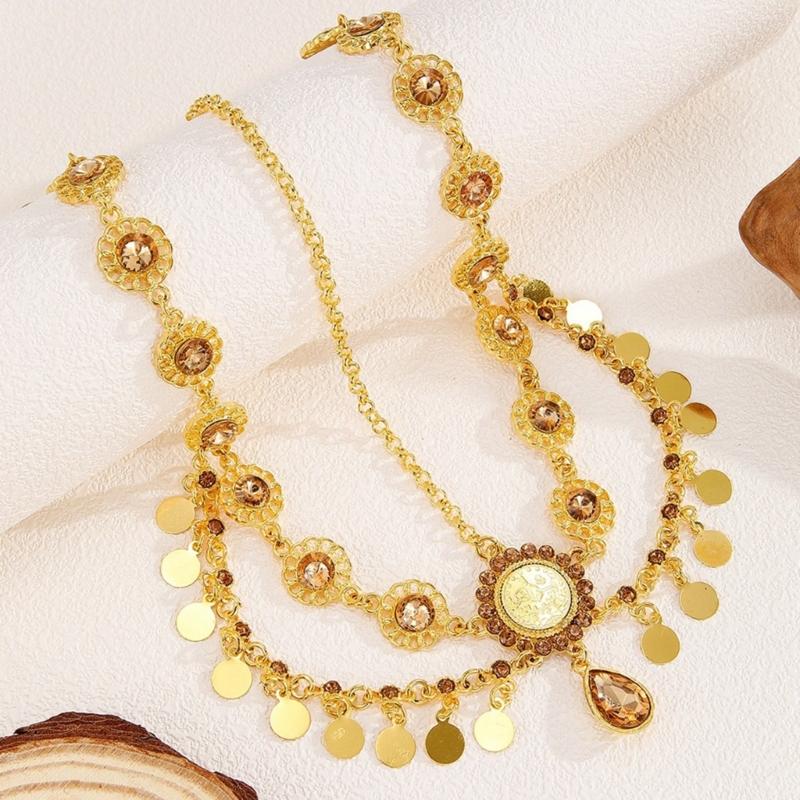 Indian Bridal Head Chain Gold Color Coin Tassels Rhinestones Headdress for Women Wedding Accessories Casual Wear