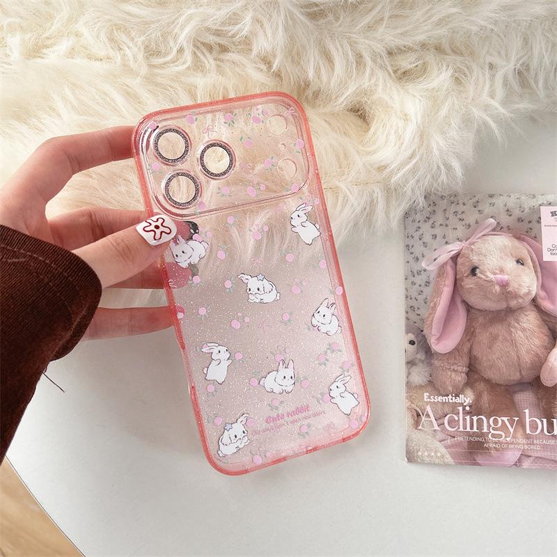 iPhone 17/16 Pro Max/15/14 Case - Glitter Flowers & Rabbits Design for Girls
