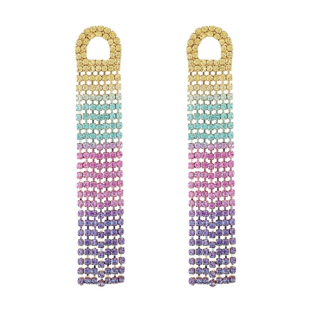 Elegant Long Tassel Rhinestone Stud Earrings Women's Wedding Performance Stage Multi-Color Gradient Slimming E775