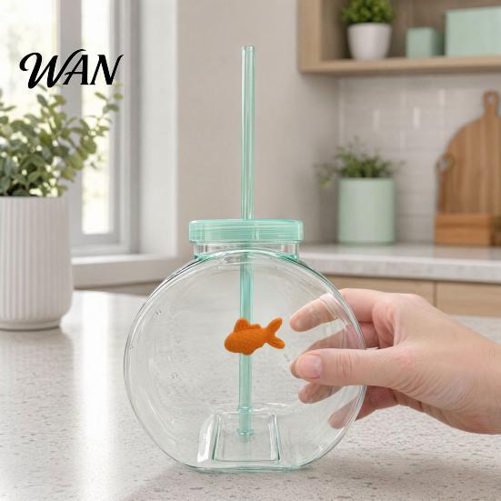 Orange Fish Straw Cup Bowl Bottle with Straw, Plastic Fishbowl Tumblers Lids, Unbreakable Ornament Cups Spill Resistant for Drinks Summer Drink,