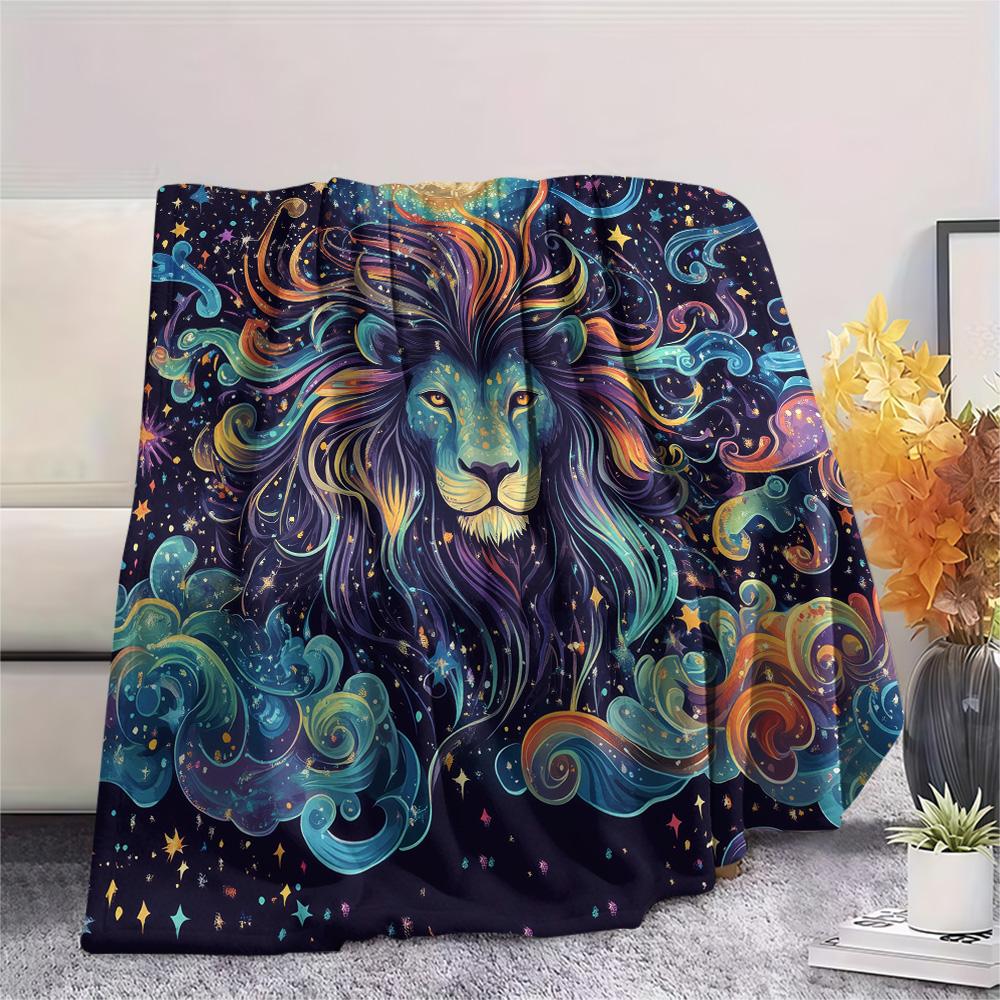 Starry Sky Lion Print Flannel Blanket, High quality Comfortable for All Seasons, Home Decor, Warmth and Comfort