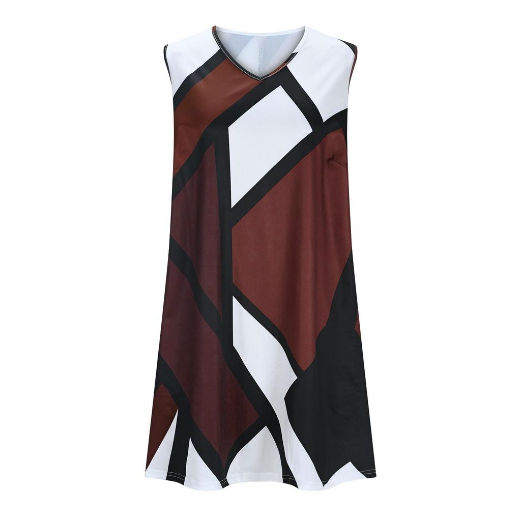 Dámské módní a ležérní tištěné šaty bez rukávů v barvě bloků ve velké velikosti