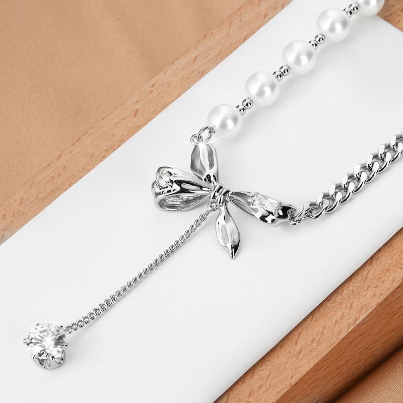 

Pearl Bow Lightweight Necklace For Women Offering Modern Design And Aesthetic Stylish серебряный