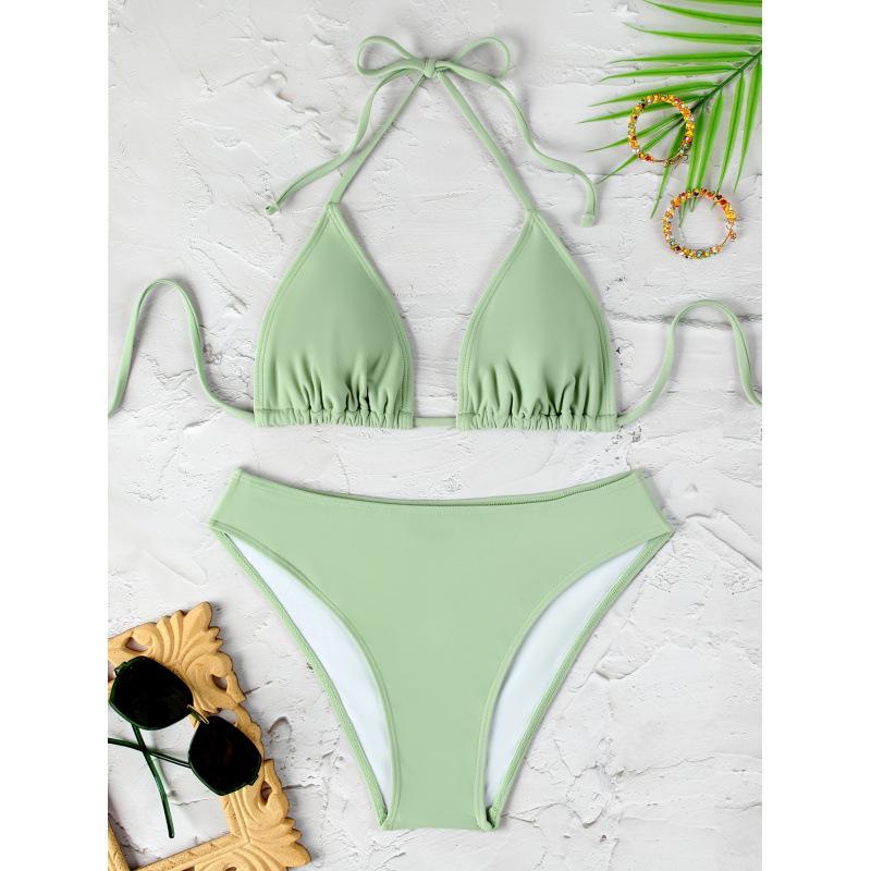 Women's Sexy Solid Color Halter Tie-Up Split Bikini Swimsuit