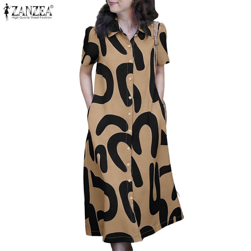 ZANZEA Women Casual Turn Down Collar Short Sleeve Print Dress