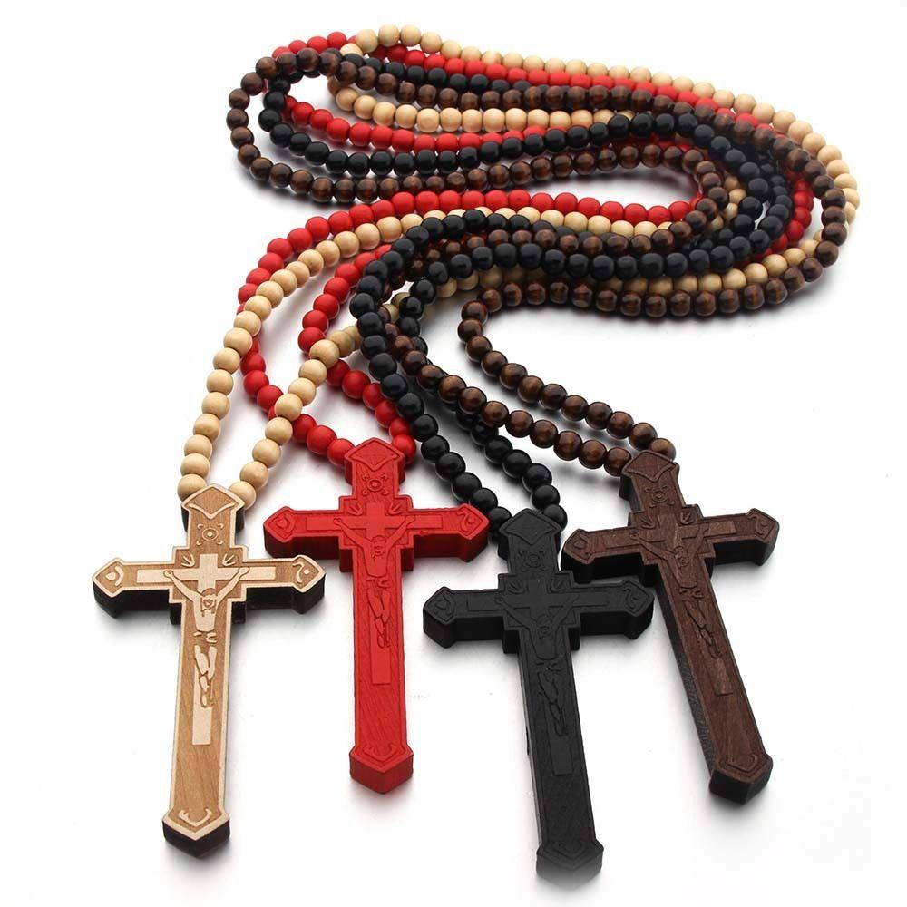 Houten Handgemaakte Rozenkrans Ketting Religieus Kruis Hanger Ketting Houten Kralen Ketting Bidden