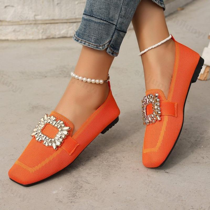 Women Flats Large Size Fashion Square Buckle Comfort Soft Breathable Loafers Outdoor Lightweight Versatile Knitting Flat Shoes