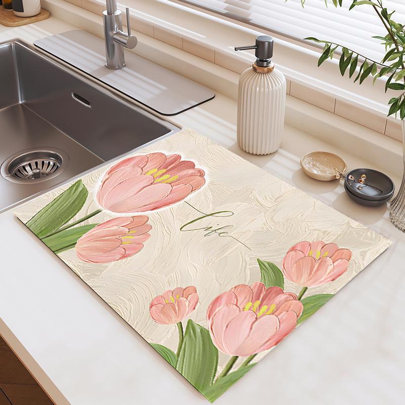 Natural Diatomite Dish Drying Mat with Fast Absorption, Heat Resistant & Non-Slip Pad for Sink Countertop - 30x40cm To 50x80cm Floral Design