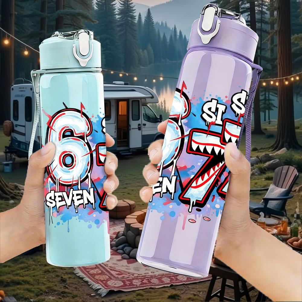 1PC Graffiti Number Six Seven Print 750ml Color Plastic Sports Water Bottle Leakproof Flip Straw Lid Suitable for Sports Office Home Use