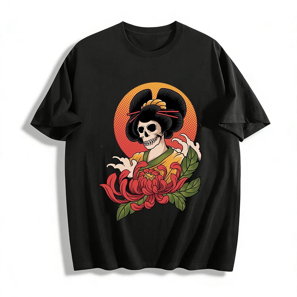 

Japanese Skull Geisha Red Chrysanthemum Retro Print Casual Tee Pure cotton T-shirt 6XL