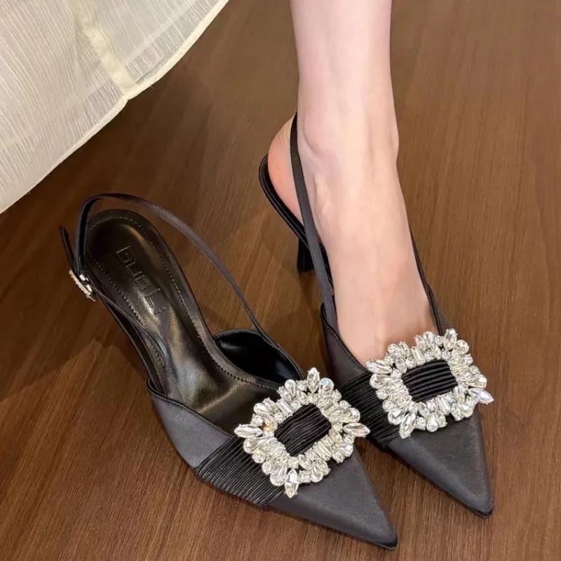 Women's Single Shoes with Heels Thin Heels Pointed Toe Rhinestones Heels Dress Banquet Leaking Heel French Sandalias De Mujer