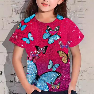 Summer Round Neck 3D Butterfly Pattern Printed Top Fashionable Casual Short Sleeved Children's Girl T-shirts