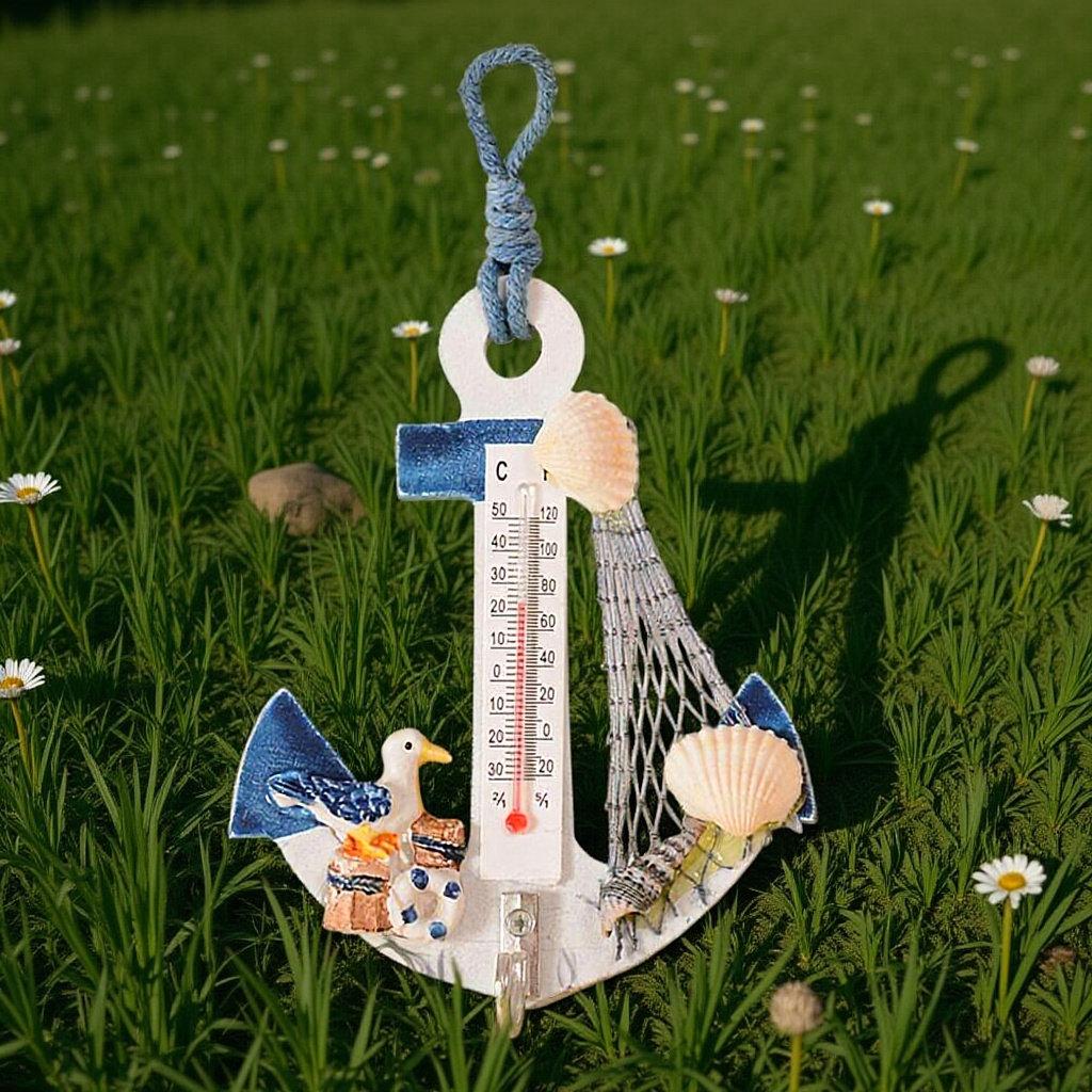 2Pcs Beach Style Hanging Ornaments Anchor Wall Hooks Mini Thermometer Shells Net Nautical Decor Bedroom Photography Background