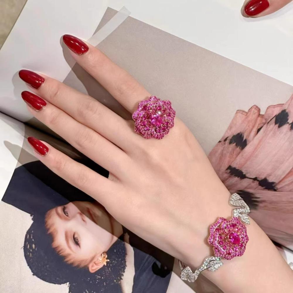 Women's Luxury Bracelet Set with Red Corundum Rose Necklace Gemstone Earrings Camellia Bangle