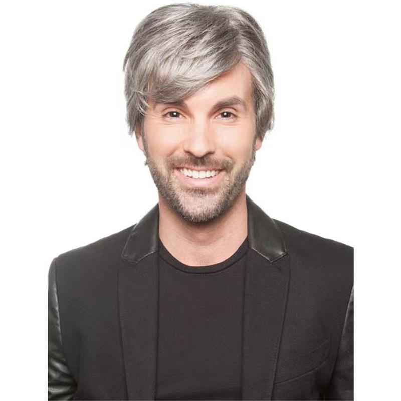 Synthetic Father Wig with Bangs Grey Wig for Elder Men Cosplay Party Costume Short Natural Hairstyle Wig Male Daily Use